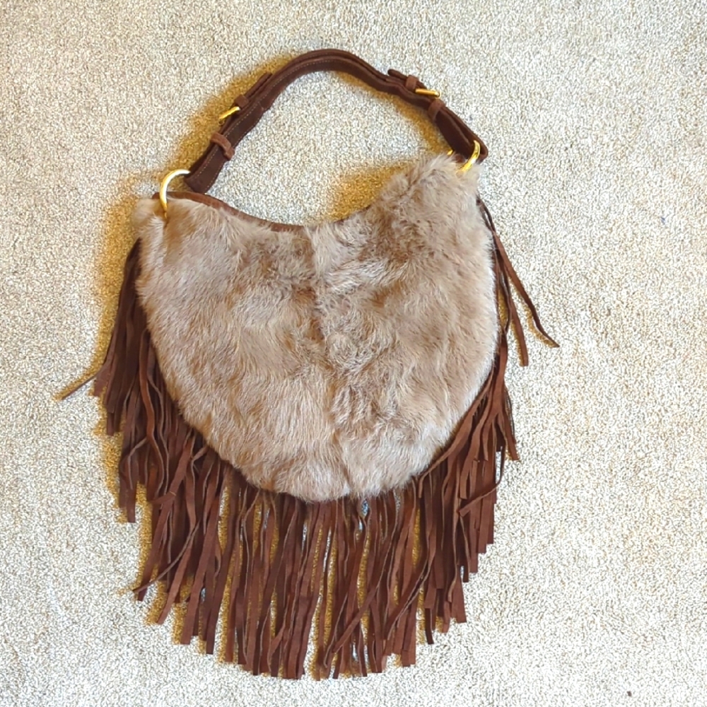 Hobo Bag - Rabbit Fur & Brown Suede Fringe Shoulder Bag with Gold Hardware
